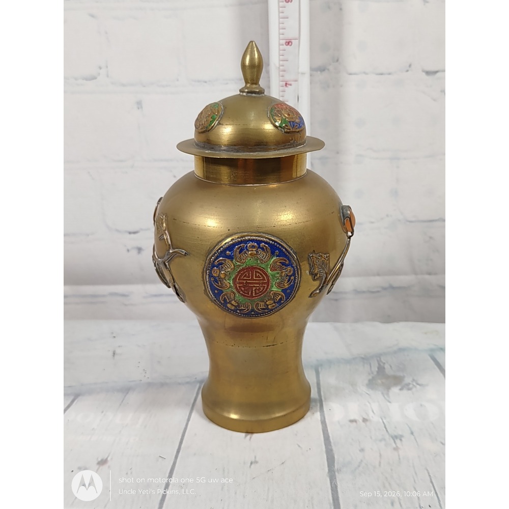 Vintage Chinese Brass Ginger Jar Cloisonne Enamel Stone Accents Urn with Lid 7"